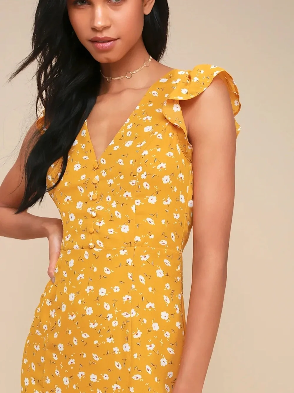Lulu's Mustard Floral Ruffle-Sleeve Maxi Dress